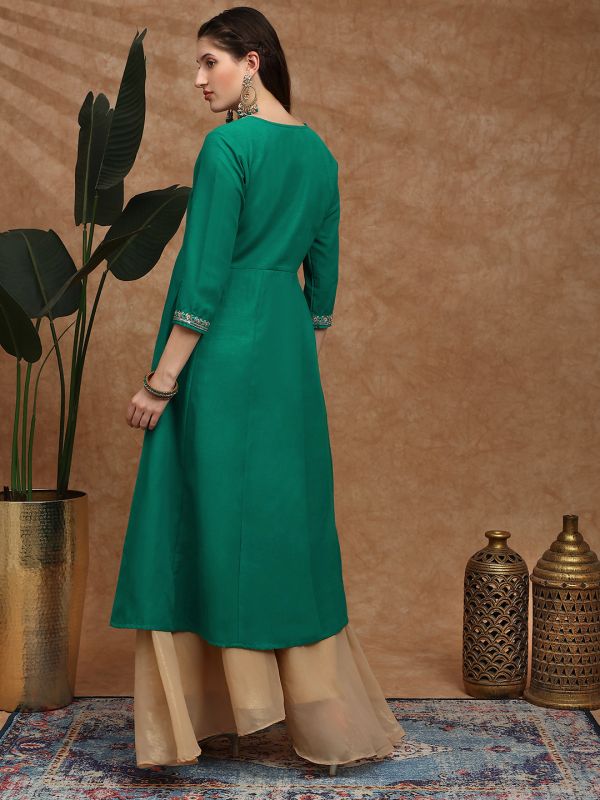 Globus Women Green Zari Embroidered Yoke Panelled Festive Anarkali Kurta