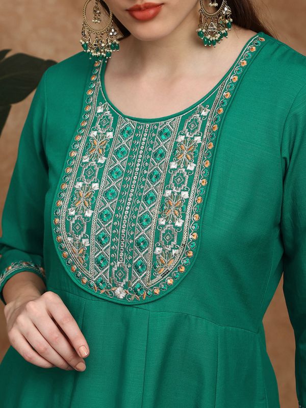 Globus Women Green Zari Embroidered Yoke Panelled Festive Anarkali Kurta