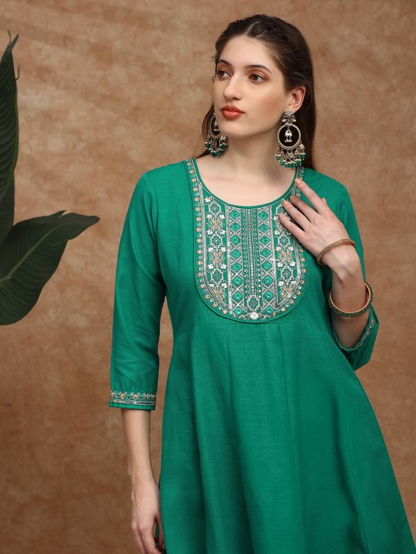 Globus Women Green Zari Embroidered Yoke Panelled Festive Anarkali Kurta
