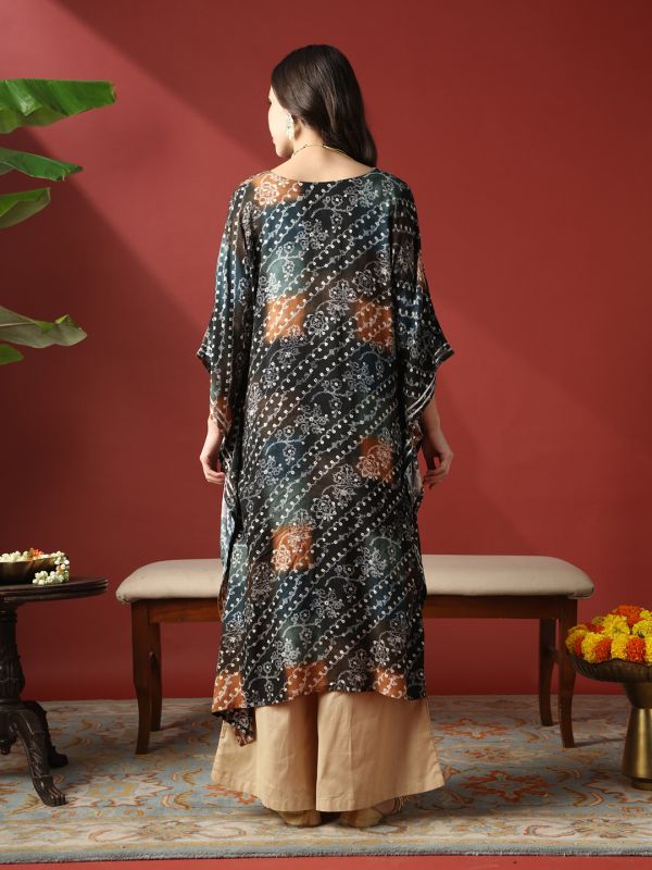 Globus Women Navy Blue Zari Embroidered V-Neck Ethnic Print Gotta Patti Fusion Kaftan Kurta