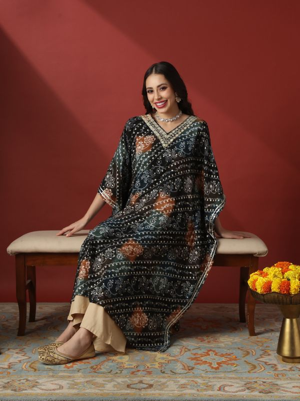 Globus Women Navy Blue Zari Embroidered V-Neck Ethnic Print Gotta Patti Fusion Kaftan Kurta