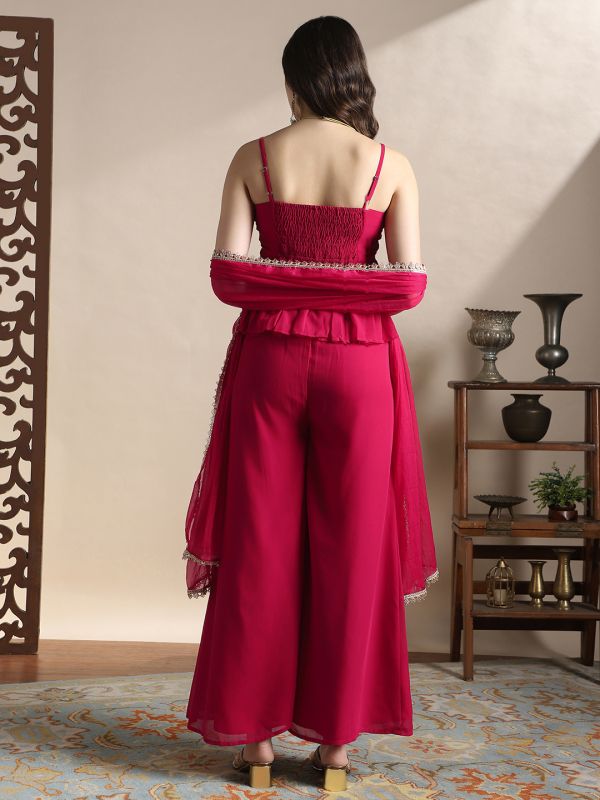 Globus Women Pink Square Neck Strappy Sleeves Sequin Embroidery Peplum Top With Palazzos & Dupatta Festive Coords Set