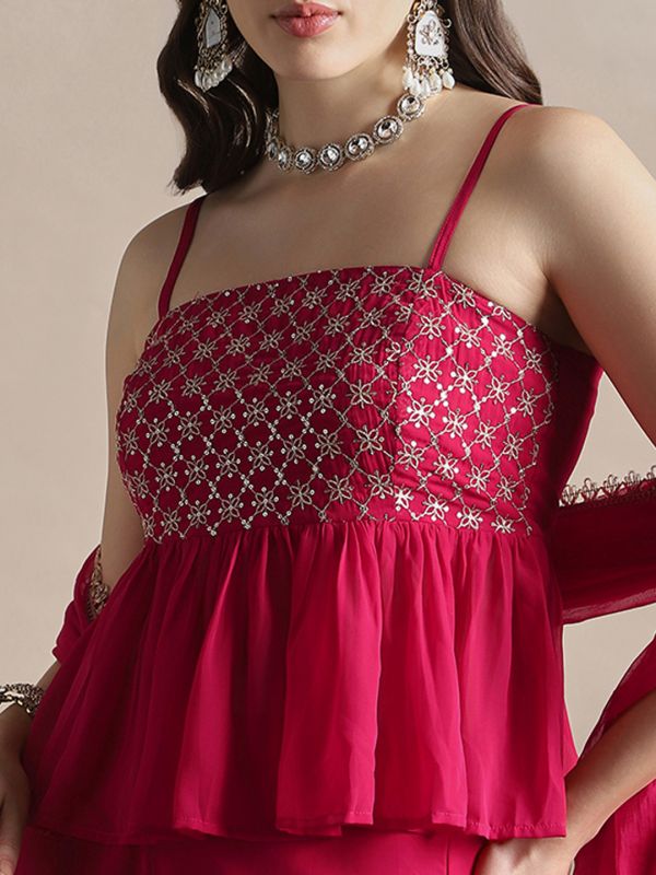 Globus Women Pink Square Neck Strappy Sleeves Sequin Embroidery Peplum Top With Palazzos & Dupatta Festive Coords Set