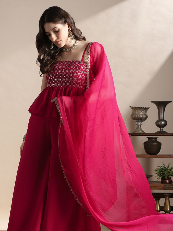 Globus Women Pink Square Neck Strappy Sleeves Sequin Embroidery Peplum Top With Palazzos & Dupatta Festive Coords Set