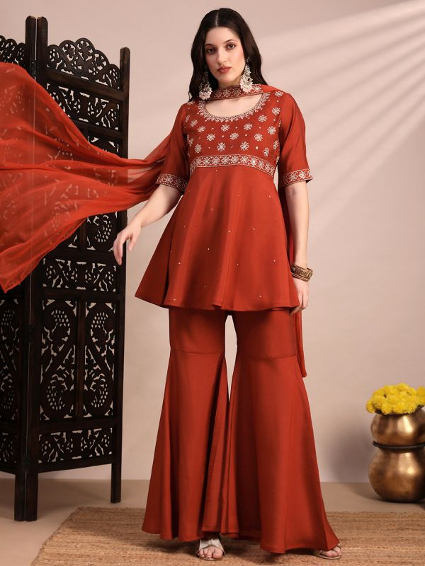 Globus Women Orange Sequinned & Zari Embroidered Yoke Tunic & Gharara With Choker Dupatta Festive Co-Ord Se