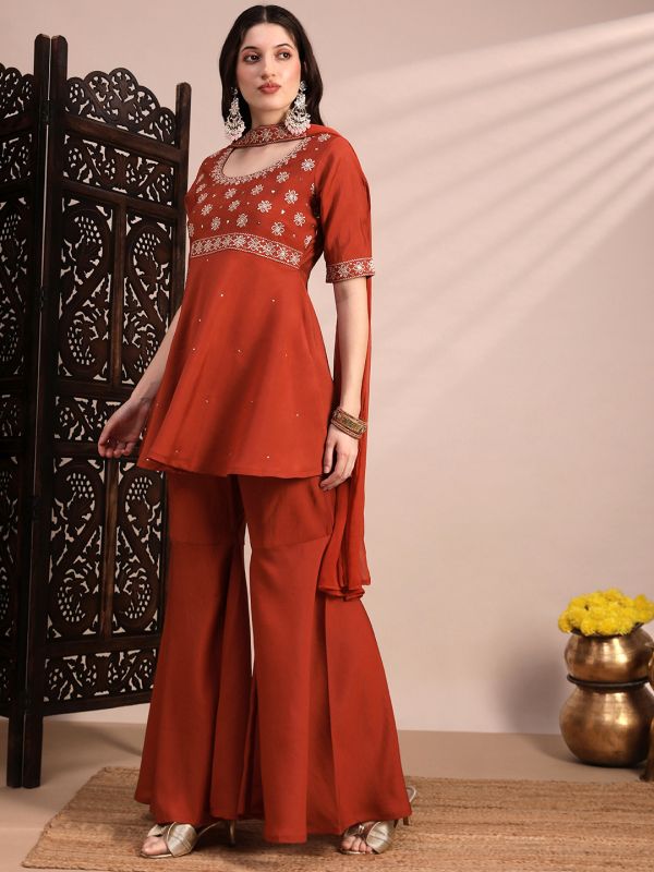 Globus Women Orange Sequinned & Zari Embroidered Yoke Tunic & Gharara With Choker Dupatta Festive Co-Ord Se
