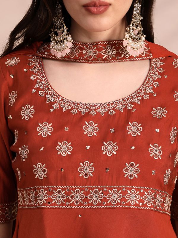 Globus Women Orange Sequinned & Zari Embroidered Yoke Tunic & Gharara With Choker Dupatta Festive Co-Ord Se