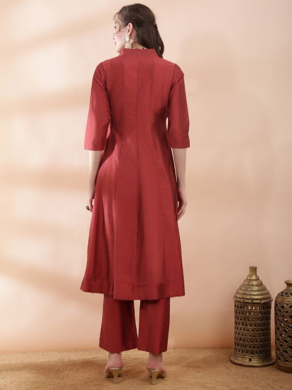Globus Women Rust V-Neck Sequinned Floral Embroidered Detail Flared Hem Panelled Anarkali Kurta With Pant Festive Set
