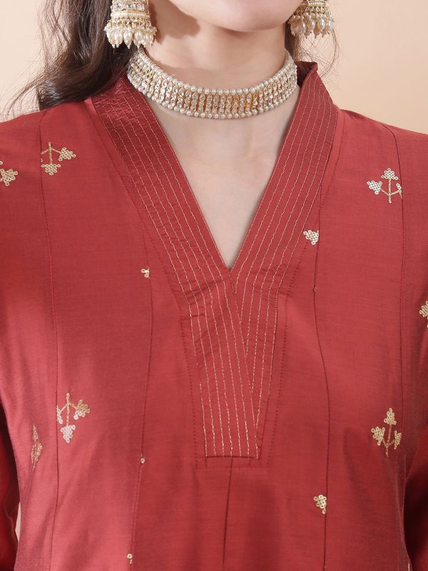 Globus Women Rust V-Neck Sequinned Floral Embroidered Detail Flared Hem Panelled Anarkali Kurta With Pant Festive Set