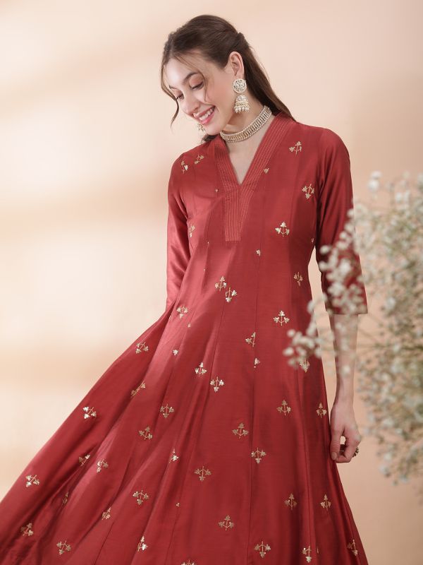 Globus Women Rust V-Neck Sequinned Floral Embroidered Detail Flared Hem Panelled Anarkali Kurta With Pant Festive Set
