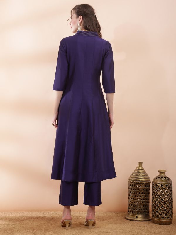 Globus Women Purple V-Neck Sequinned Floral Embroidered Detail Flared Hem Panelled Anarkali Kurta With Pant Festive Set