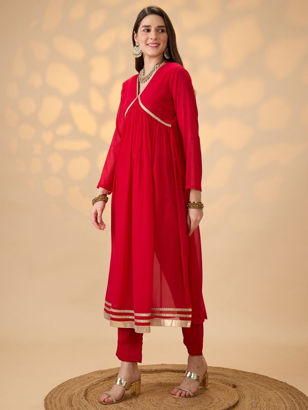 Globus Women Red V-Neck Gathered Gotta Patti Detail Flared A-Line Alia Cut Kurta With Pants Festive Set