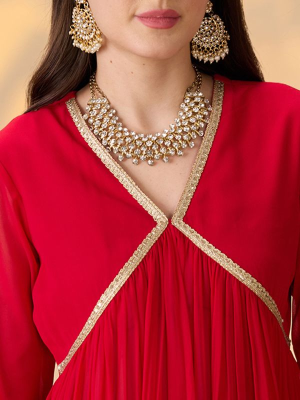 Globus Women Red V-Neck Gathered Gotta Patti Detail Flared A-Line Alia Cut Kurta With Pants Festive Set