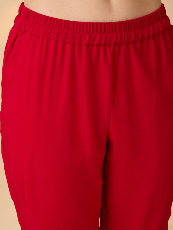 Globus Women Red V-Neck Gathered Gotta Patti Detail Flared A-Line Alia Cut Kurta With Pants Festive Set