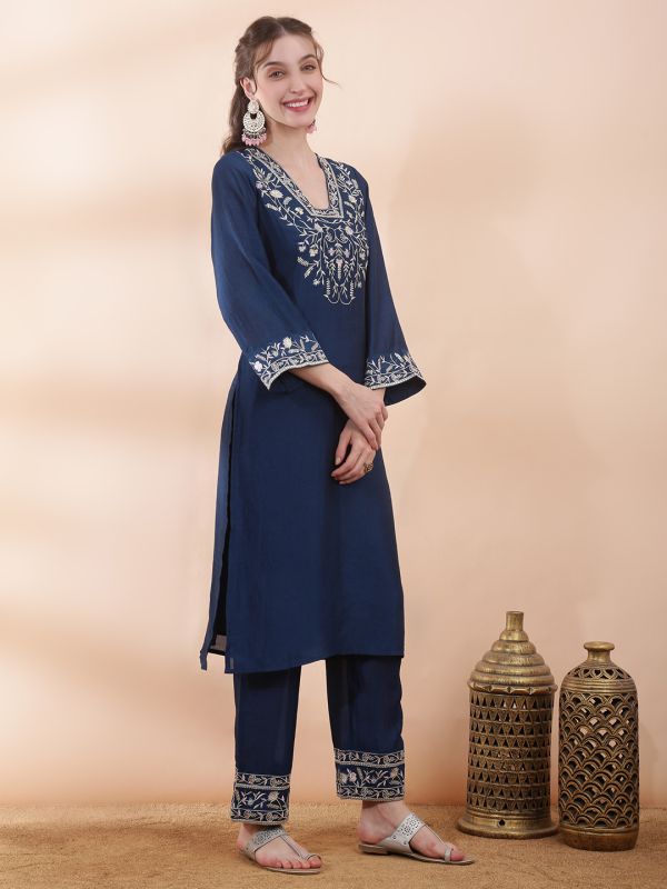 Globus Women Blue Floral Embroidered V-Neck Bell Sleeves Straight Kurta With Pants Festive Set