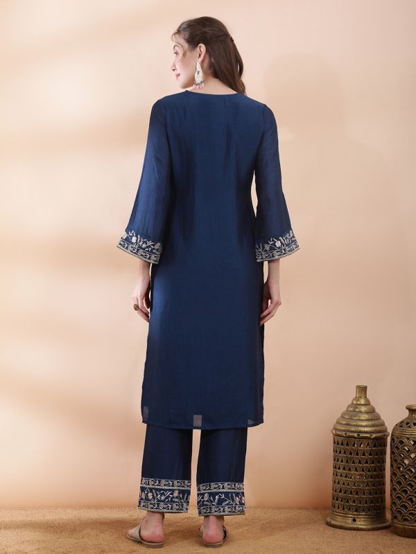 Globus Women Blue Floral Embroidered V-Neck Bell Sleeves Straight Kurta With Pants Festive Set