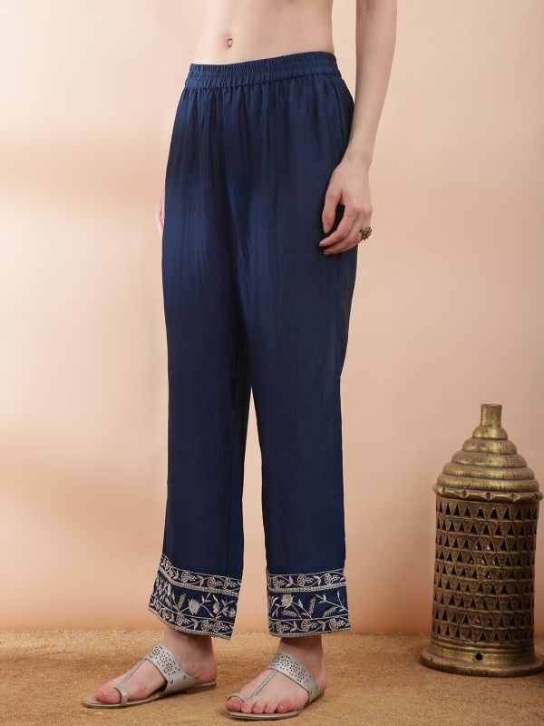 Globus Women Blue Floral Embroidered V-Neck Bell Sleeves Straight Kurta With Pants Festive Set