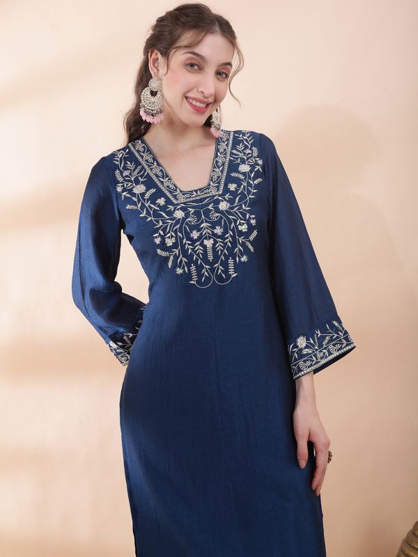 Globus Women Blue Floral Embroidered V-Neck Bell Sleeves Straight Kurta With Pants Festive Set