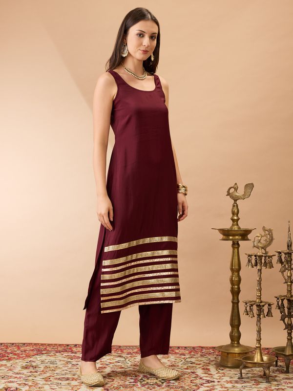 Globus Women Brown Sleeveless Round Neck Gotta Lace hem Straight Kurta With Pant Festive Set