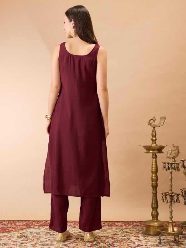 Globus Women Brown Sleeveless Round Neck Gotta Lace hem Straight Kurta With Pant Festive Set