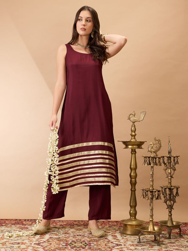 Globus Women Brown Sleeveless Round Neck Gotta Lace hem Straight Kurta With Pant Festive Set