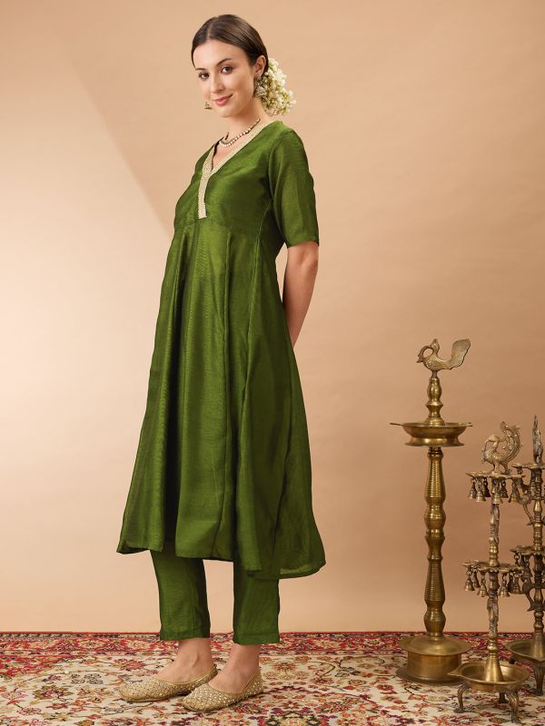 Globus Women Olive Green V-Neck Lace Detailing Anarkali Kurta With Straight Pant Festive Set