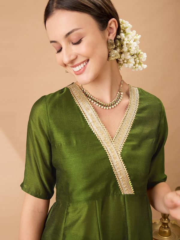 Globus Women Olive Green V-Neck Lace Detailing Anarkali Kurta With Straight Pant Festive Set