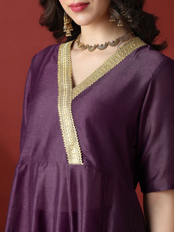 Globus Women Purple Lace Detail V-Neck Panelled Anarkali Kurta With Straight Pants Festive Set