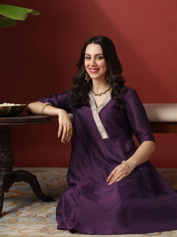 Globus Women Purple Lace Detail V-Neck Panelled Anarkali Kurta With Straight Pants Festive Set
