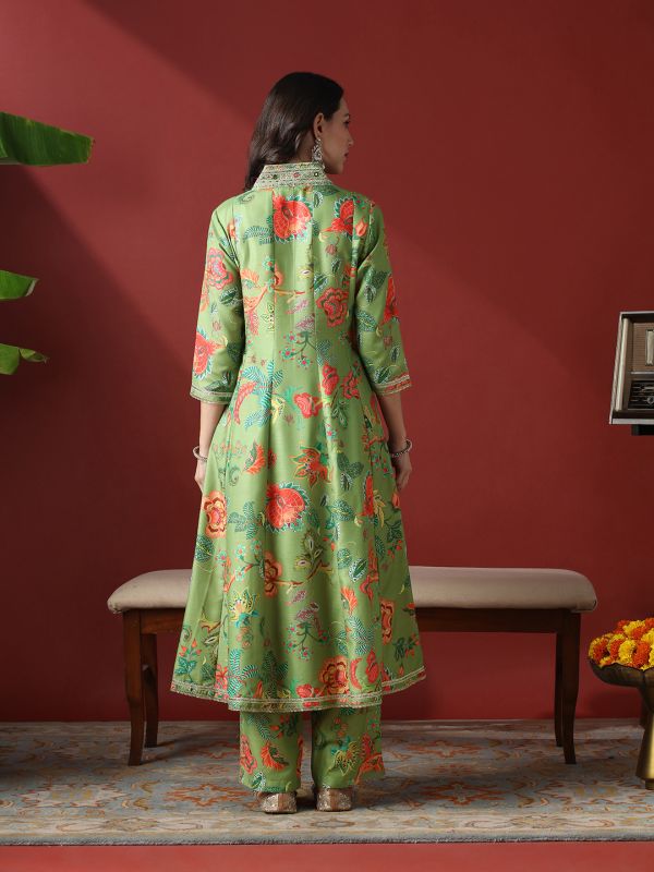 Globus Women Green Zari Embroidered V-Neck Panelled Floral Print Anarakali Kurta With Pants Festive Set