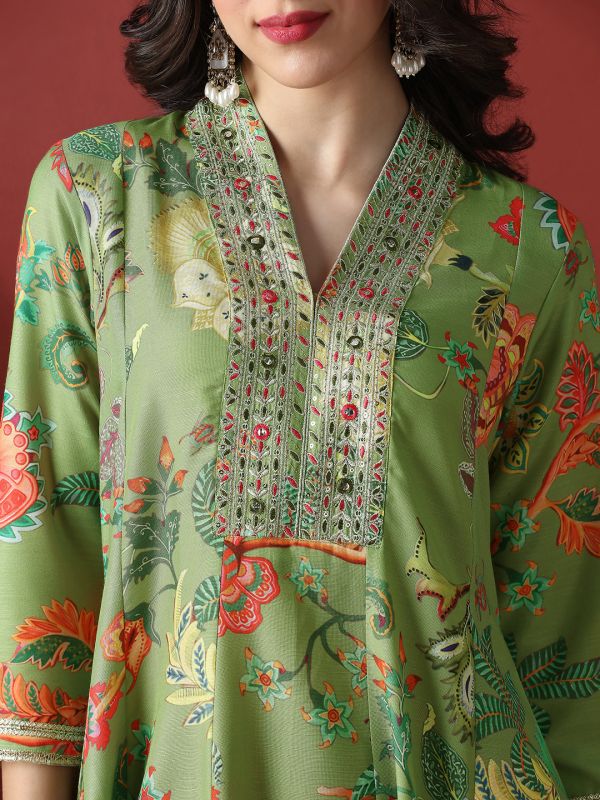 Globus Women Green Zari Embroidered V-Neck Panelled Floral Print Anarakali Kurta With Pants Festive Set