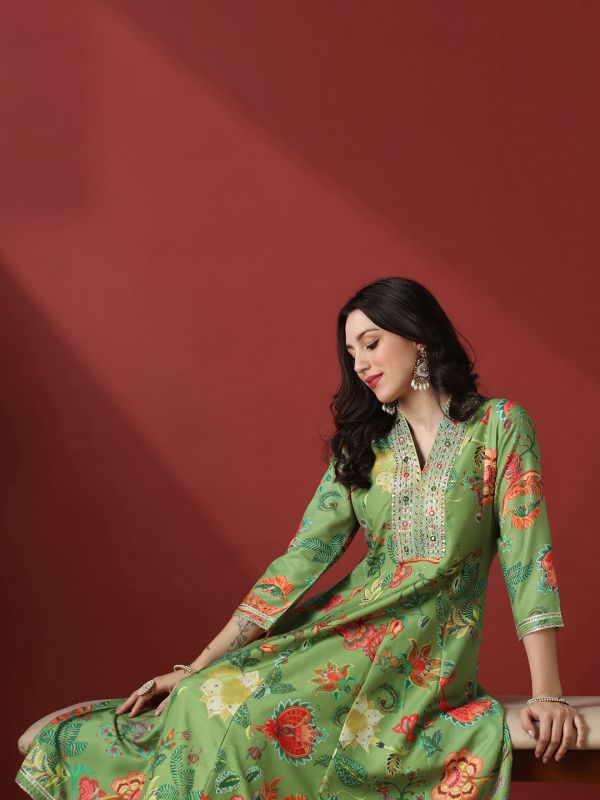 Globus Women Green Zari Embroidered V-Neck Panelled Floral Print Anarakali Kurta With Pants Festive Set