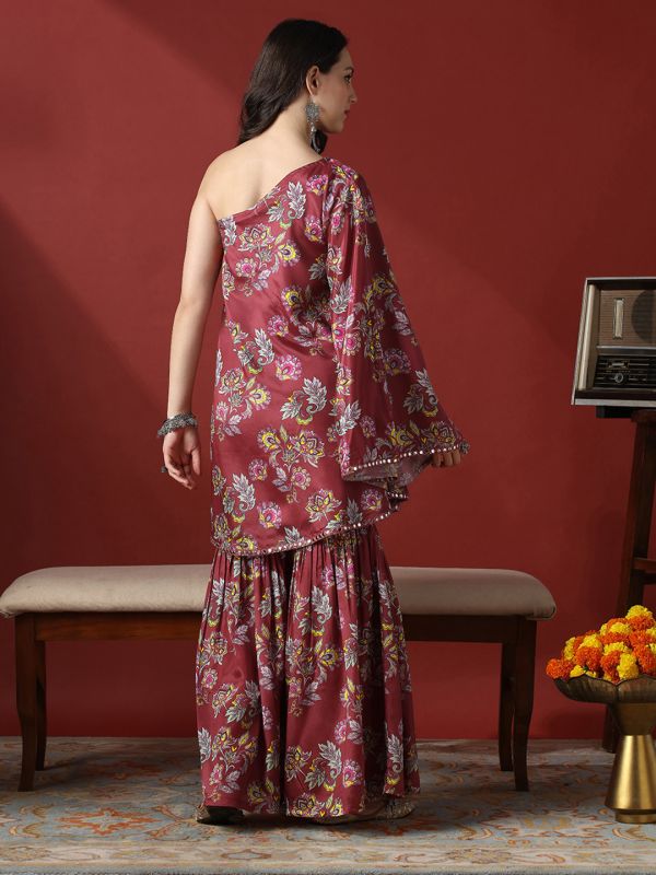 Globus Women Red Floral Print Mirror Detail One Shoulder Tunic & Sharara Fusion Co-Ord Set