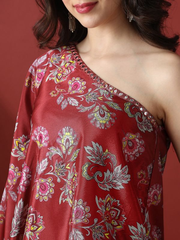 Globus Women Red Floral Print Mirror Detail One Shoulder Tunic & Sharara Fusion Co-Ord Set