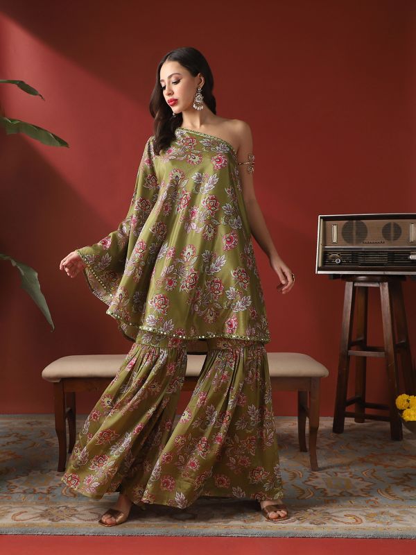 Globus Women Green Floral Print Mirror Detail One Shoulder Bell Sleeves Top & Sharara Festive Co-Ord Set