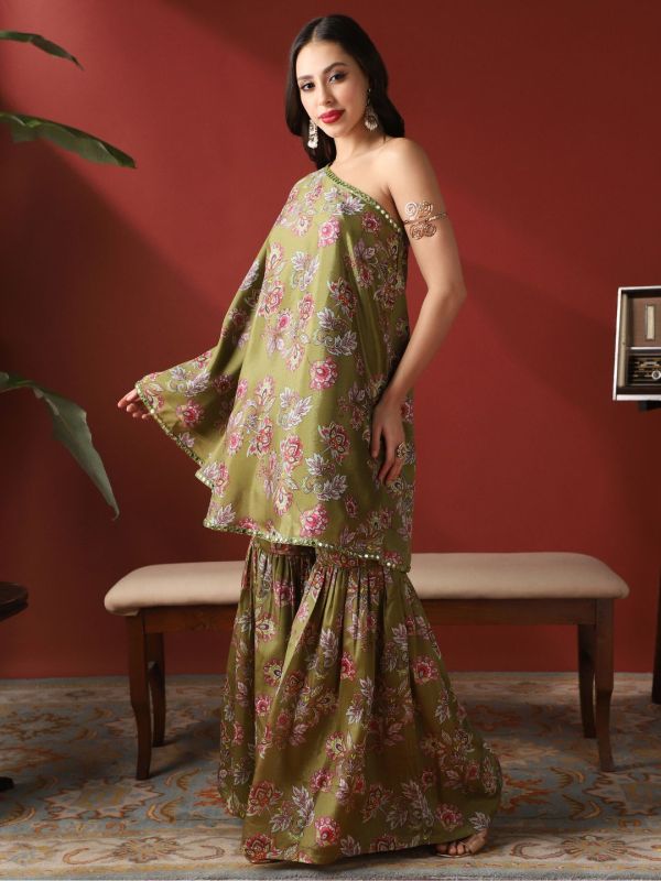 Globus Women Green Floral Print Mirror Detail One Shoulder Bell Sleeves Top & Sharara Festive Co-Ord Set