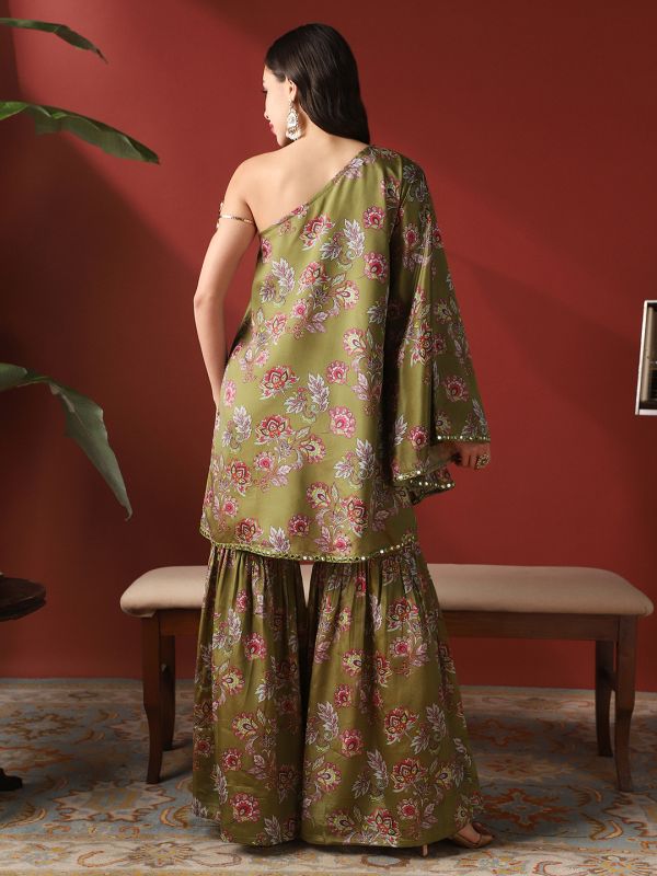 Globus Women Green Floral Print Mirror Detail One Shoulder Bell Sleeves Top & Sharara Festive Co-Ord Set