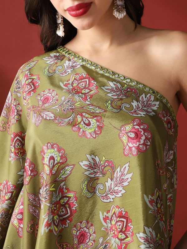 Globus Women Green Floral Print Mirror Detail One Shoulder Bell Sleeves Top & Sharara Festive Co-Ord Set
