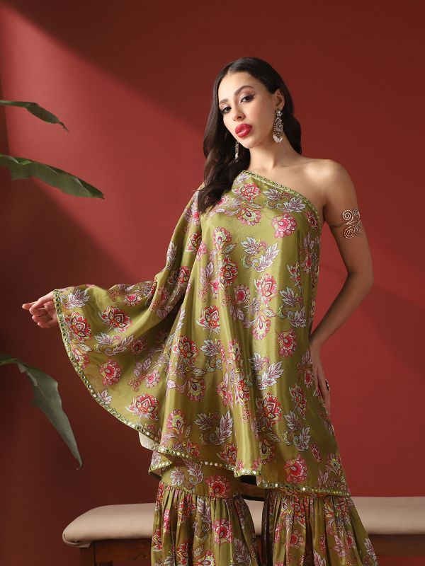 Globus Women Green Floral Print Mirror Detail One Shoulder Bell Sleeves Top & Sharara Festive Co-Ord Set