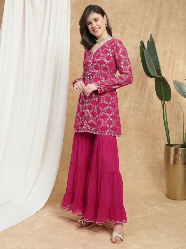 Globus Women Pink V-Neck Gold Foil Print & Mirror Work Lace Detail A-Line Tunic & Sharara Festive Co-Ord Set
