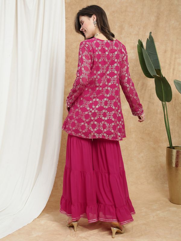 Globus Women Pink V-Neck Gold Foil Print & Mirror Work Lace Detail A-Line Tunic & Sharara Festive Co-Ord Set