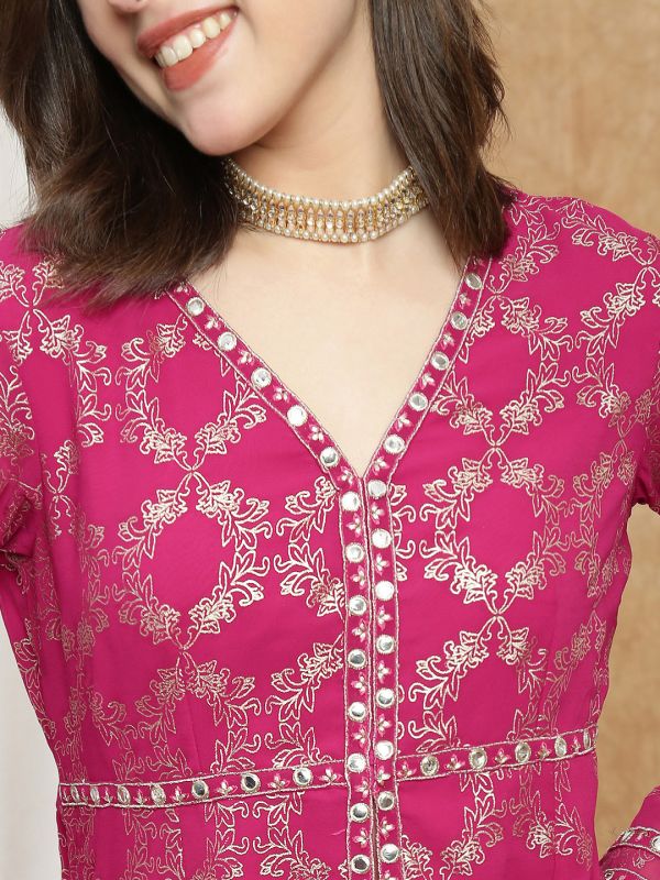 Globus Women Pink V-Neck Gold Foil Print & Mirror Work Lace Detail A-Line Tunic & Sharara Festive Co-Ord Set