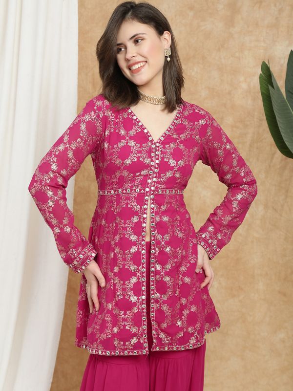Globus Women Pink V-Neck Gold Foil Print & Mirror Work Lace Detail A-Line Tunic & Sharara Festive Co-Ord Set