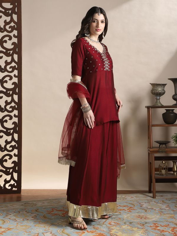 Globus Women Maroon Sequin Embroidered Yoke V-Neck Tunic With Gotta lace Flared Hem Skirt & Fringed lace Dupatta Festive Coords Set
