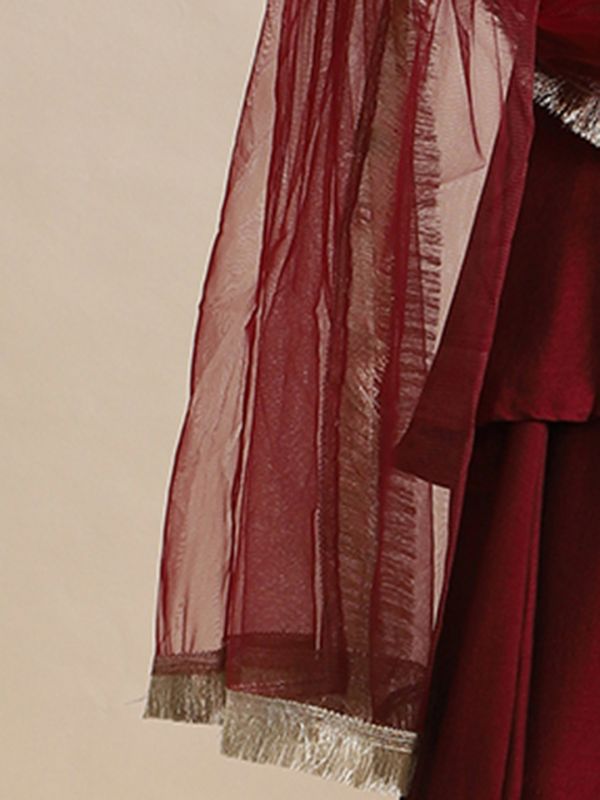 Globus Women Maroon Sequin Embroidered Yoke V-Neck Tunic With Gotta lace Flared Hem Skirt & Fringed lace Dupatta Festive Coords Set