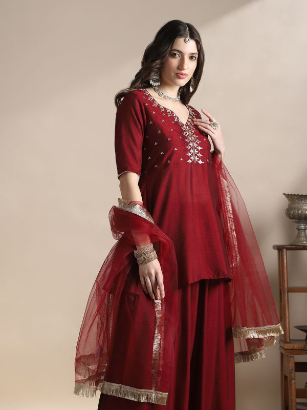 Globus Women Maroon Sequin Embroidered Yoke V-Neck Tunic With Gotta lace Flared Hem Skirt & Fringed lace Dupatta Festive Coords Set