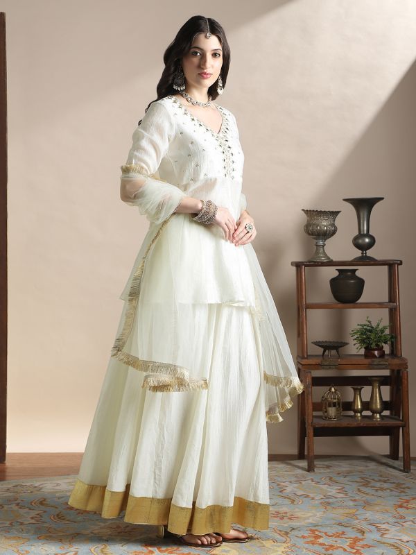 Globus Women Off-White Sequin Embroidered Yoke V-Neck Tunic With Gotta lace Flared Hem Skirt & Fringed lace Dupatta Festive Coords Set