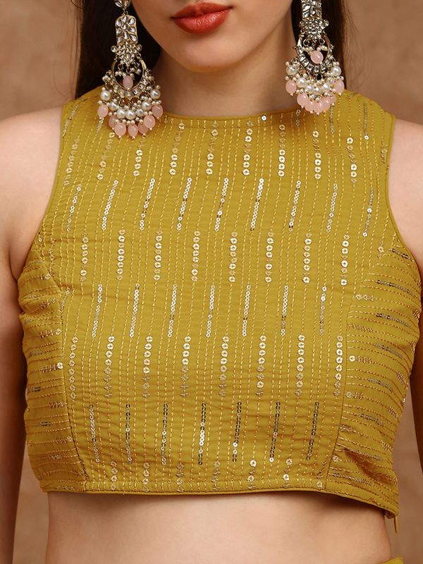 Globus Women Mustard Sequinned Embroidered Halter Neck Sleeveless Georgette Crop Top & Tiered Skirt Fusion Co-Ord Set