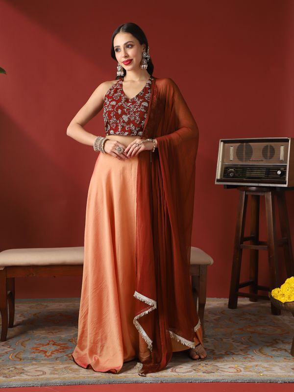 Globus Women Maroon V-Neck Stylised Back Embroidered Blouse & Lehenga With Taping Dupatta Ready To Wear Festive Set
