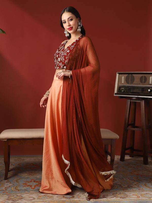 Globus Women Maroon V-Neck Stylised Back Embroidered Blouse & Lehenga With Taping Dupatta Ready To Wear Festive Set